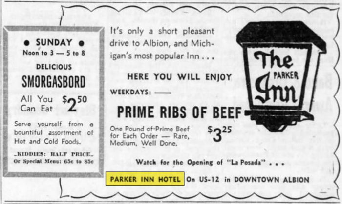 Parker Inn Hotel (Munger Place Apartments) - April 1959 Smorgasbord Ad (newer photo)